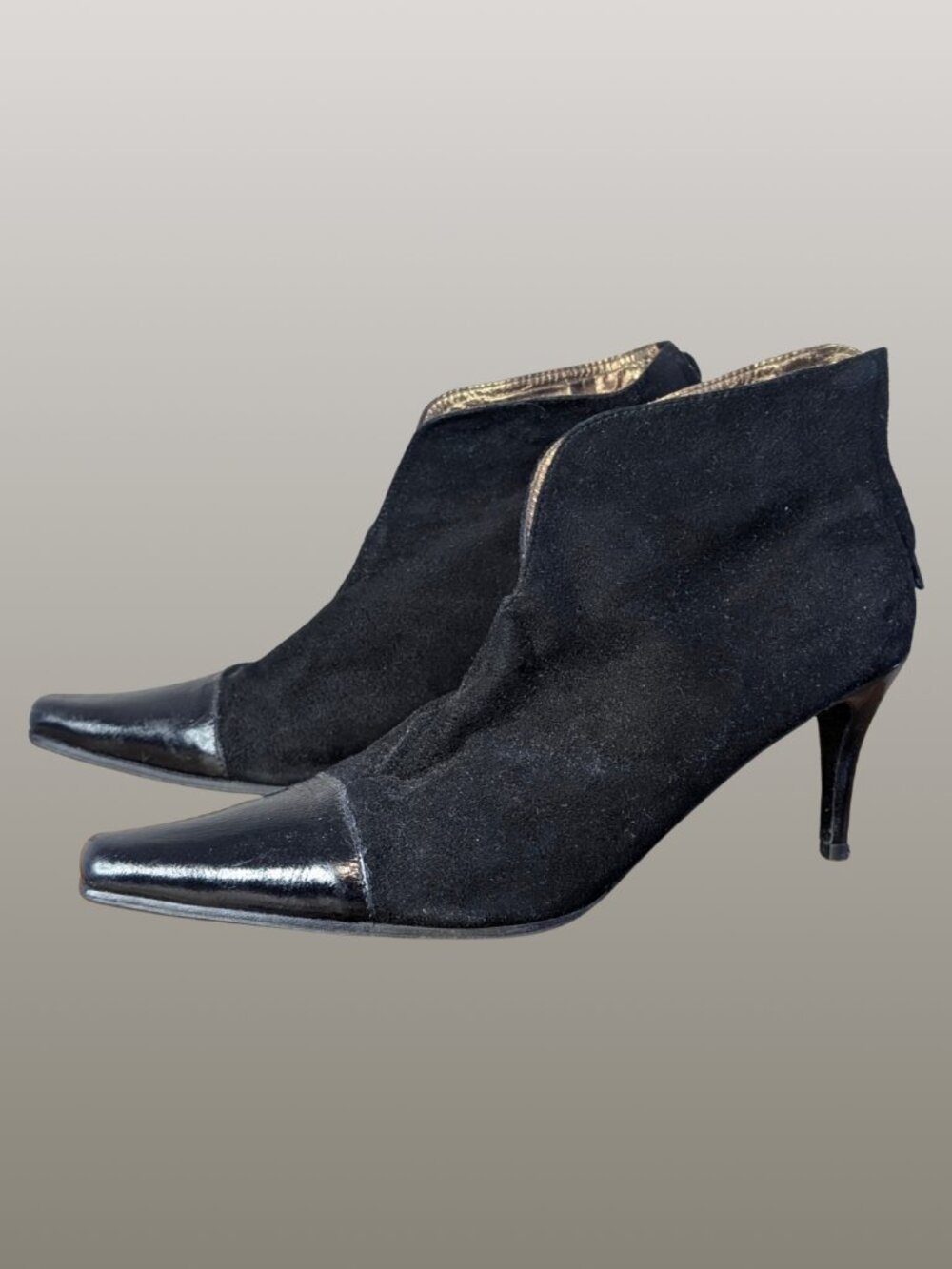 Black Suede Patent Leather Pointed Cap Toe Ankle Boots 8.5 Y2K Quiet Luxury EUC - Picture 3 of 13